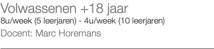 Volwassenen +18 jaar 8u/week (5 leerjaren) - 4u/week (10 leerjaren) Docent: Marc Horemans
