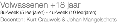Volwassenen +18 jaar 8u/week (5 leerjaren) - 4u/week (10 leerjaren) Docenten: Kurt Crauwels & Johan Mangelschots