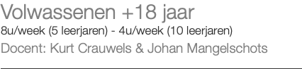 Volwassenen +18 jaar 8u/week (5 leerjaren) - 4u/week (10 leerjaren) Docent: Kurt Crauwels & Johan Mangelschots